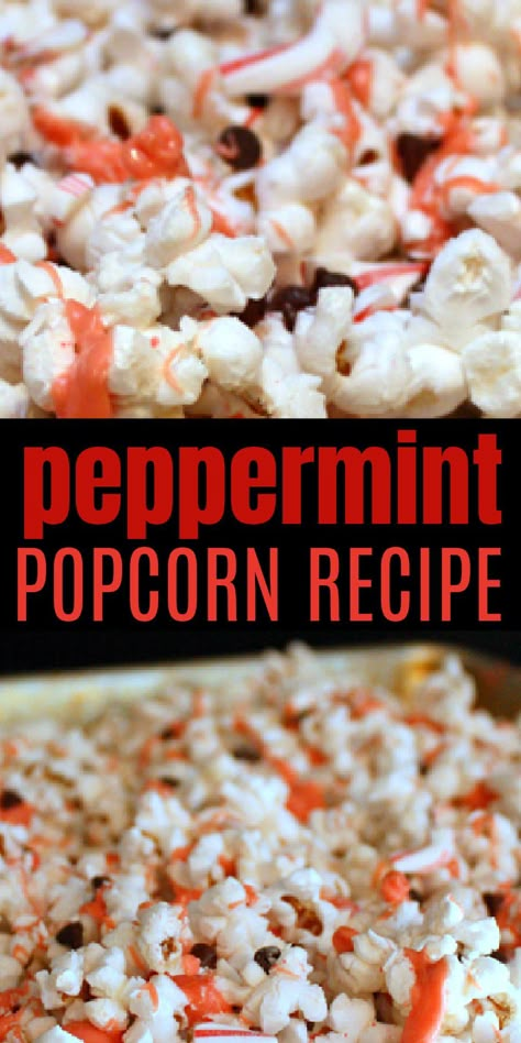 Delicious white chocolate popcorn and candy cane dessert. Great Christmas treat. Holiday recipe perfect for Christmas party food. Fun peppermint popcorn treat. https://www.raegunramblings.com/candy-cane-white-chocolate-popcorn-recipe/ Candy Cane Popcorn Recipes, Peppermint Bark Popcorn, Peppermint Popcorn Recipe, Homemade Popcorn Flavors, Candy Cane Popcorn, Candy Popcorn Recipe, Chocolate Popcorn Recipe, White Chocolate Popcorn Recipe, Popcorn Recipes Chocolate