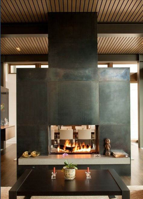 Modern Metal Plate Fireplace Focal Point. Considering metal face to break up wood ceiling and floors. Avatar Design, Two Sided Fireplace, Fabric Room Dividers, Glass Room Divider, Bamboo Room Divider, Metal Fireplace, Sliding Room Dividers, Hanging Room Dividers, Small Fireplace