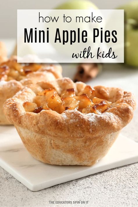 A perfect recipe for fall with kids! Create this easy to bake mini apple pie recipe with your child. A fun way to learn about baking in the kitchen with an apple themed book for kids. Fall With Kids, Apple Recipes For Kids, Classroom Recipes, Classroom Cooking, Mini Apple Pie Recipe, Baking With Toddlers, Mini Apple Pie, Preschool Cooking, Thanksgiving Baking