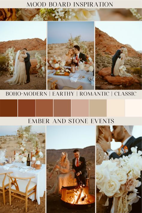 Boho-Modern, Earthy, Romantic & Classic Wedding Mood Board Inspiration for your wedding color scheme and color palette! Check out Ember & Stone Events for all inclusive event design, styling & planning for the best day of your life! Romantic Desert Wedding, Desert Color Palette Wedding, Desert Wedding Colors Palette, Boho Wedding Mood Board, Desert Wedding Colors, Desert Color Palette, Modern Bohemian Wedding, Arizona Desert Wedding, Desert Shoot