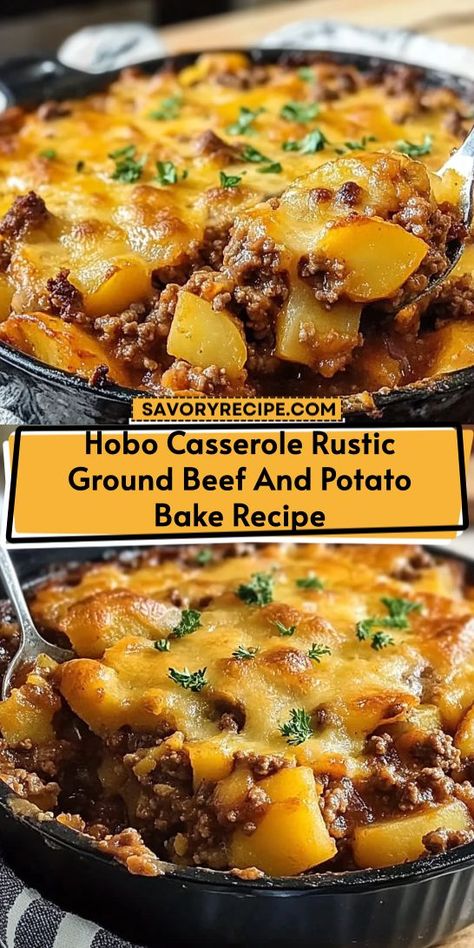 Enjoy a hearty Hobo Casserole featuring ground beef and potatoes, perfect for a cozy dinner! This Rustic Ground Beef and Potato Bake is a simple, satisfying recipe that makes meal prep a breeze. Packed with flavor and comfort, it’s an ideal choice for your next family gathering or weeknight meal! Ground Beef Potato Casserole, Hobo Casserole, Potatoe Dinner Recipes, Potato Bake Recipe, Ground Beef Potatoes, Sauce Cheddar, Beef Potatoes, Ground Beef Recipe, Rustic Recipes