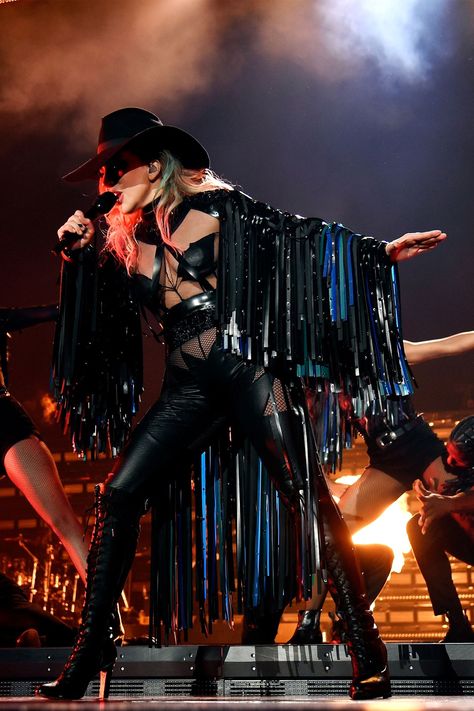 Lady Gaga's 'Joanne' Tour Costumes Include Swarovski Crystals, Leather Fringe, and Cowboy Hats - HarpersBAZAAR.com Lady Gaga Tour, Joanne Lady Gaga, Sin City 2, Lady Gaga Concert, Lady Gaga Outfits, Lady Gaga Joanne, Lady Gaga Fashion, The Fame Monster, Lady Gaga Photos