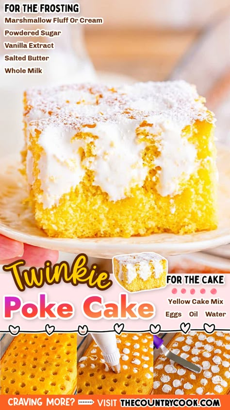 Twinkie Poke Cake is a yellow cake poked with marshmallow frosting then dusted with powdered sugar. It looks and tastes just like a Twinkie (but better!) Twinkie Poke Cake Recipe, Twinkie Poke Cake, Twinky Cake Recipe, Yellow Cake Poke Cake Recipes, Twinkie Bundt Cake, Diy Twinkies, Poke Cake With Yellow Cake, Yellow Poke Cake, Twinkie Filling Recipe