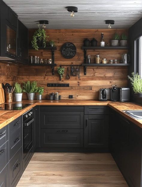 Wooden Counter Tops, Moody Kitchen, Gothic Kitchen, Western Kitchen, Barn Kitchen, Wooden Counter, Boho Kitchen, House Design Kitchen, Cabin In The Woods