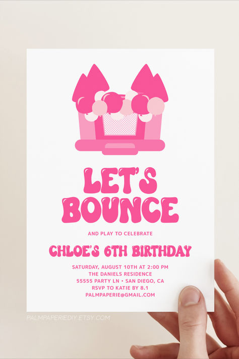 Bounce House birthday ideas for girl. These bounce castle invitations are perfect for any age! Bounce House Birthday Party Ideas, House Birthday Party Ideas, Bounce House Birthday Party, Bounce Castle, Bounce House Birthday, Jumping Castle, Birthday Party Invitation Templates, Bounce House, Birthday Party Invitation