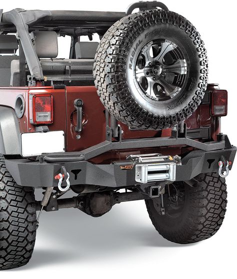 The new Olympic 4x4 Rear Bumper with Tire Swing, Swings Out & FOLDS DOWN! Featuring a built-in Hi-Lift Jack points & D-Ring Mounts. Also featuring a built-In Rear Winch Mount Plate. Even More: 2" Receiver built-in! Features included but not shown are a build in CB antenna mount on the bumper and HiLift Mount on Tire Swing Section which is angled so the jack will clear most parking garages and your own garage! D-Rings not included.Made in the USA! Jeep Tire Carrier, Aksesoris Jeep, Jeep Wrangler Bumpers, Best Jeep Wrangler, Jeep Bumpers, Cj Jeep, Jeep Photos, Jeep Mods, Jeep Ideas