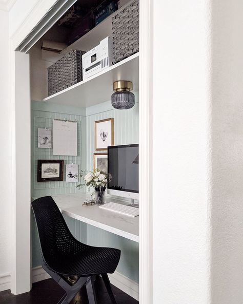 From Closet to Office (A Cloffice!) | Clare Blog Closet In Home Office, Office Desk In Closet Built Ins, Closet To Desk Space, Closet Made Into Desk Area, Home Office In Wardrobe, Transform Closet Into Office, Desk Area In Closet, Small Office In Closet, Closet Made Into Office