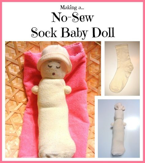 This is a guide about making a no sew sock baby doll. This cute craft makes a little baby doll from a sock and doesn't require any sewing. No Sew Doll Clothes, No Sew Doll, Sock Diy, Sew Doll Clothes, Sew Doll, Sock Doll, Cardboard Toys, Sock Dolls, Sock Toys