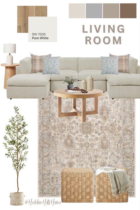 Living room decor mood board with warm neutral tones and a cream sectional sofa Living Room With Sectional Sofa, Living Room With Sectional, Cream Couch Living Room, Halloween Home Decor Indoor, Beige Couch Living Room, Beige Sofa Living Room, Tan Living Room, Chris Loves Julia X Loloi, Leather Couches Living Room