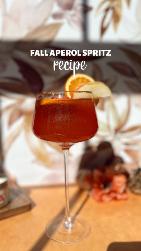 Apple Cider Aperol Spritz Recipes, Fall Aperol Cocktail, Fall Cocktail Party Ideas, Riesling Wine Cocktails, Apple Cider Aperol Spritz, Fall Aperol Spritz Recipe, Fall Spritzer Cocktails, November Cocktail Recipes, Fall Spritzer Drinks