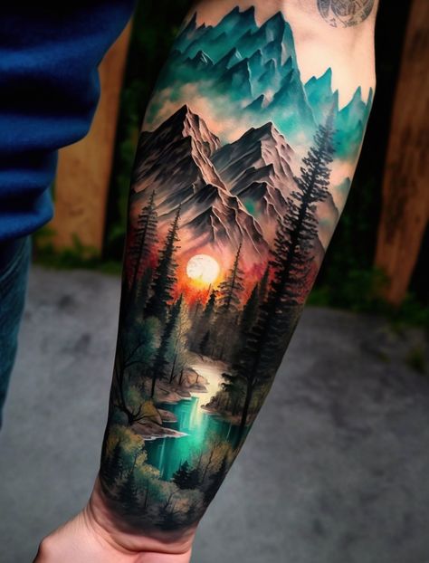 Moody Tattoo Ideas, Forest Tattoo Shoulder, Tattoos Mountains And Trees, Forest Scenery Tattoo, Arm Forest Tattoo, Forest Scene Tattoo, Forest And Mountain Tattoo Sleeve, Waterfall Tattoo Ideas, Forest Tattoo Ideas