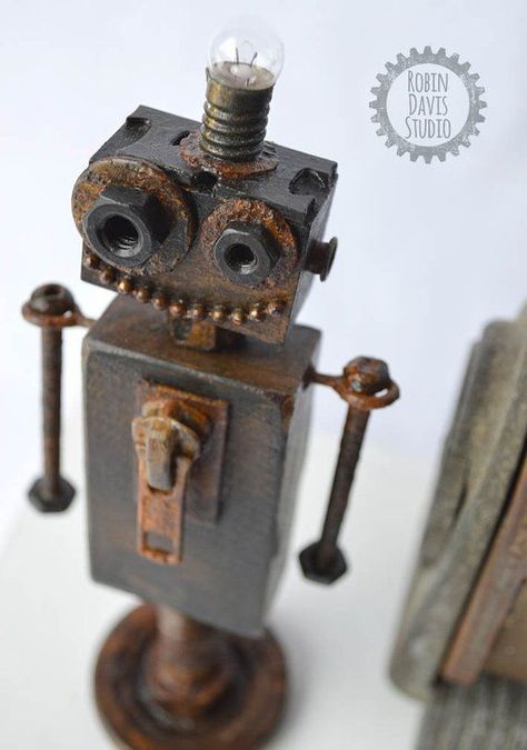 Desk Robot, Robot Wood, Clay Sculpture Ideas, Wood Robot, Steampunk Robots, Robot Gift, Recycled Robot, Science Fiction Art Retro, Metal Robot