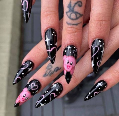 Short Nails Gothic Ideas, Pisces Birthday Nails Acrylic, Pink Goth Nails, Cartoon Character Nails, Devil Nails, Summer Nails Art, Inspiration Nails, 2023 Nails, Punk Nails