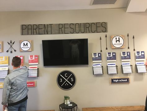 Parent Resource Wall, Childrens Ministry Decor, Lobby Ideas, Parent Resources, Children's Ministry, Lobby, High School, Gallery Wall, A Place