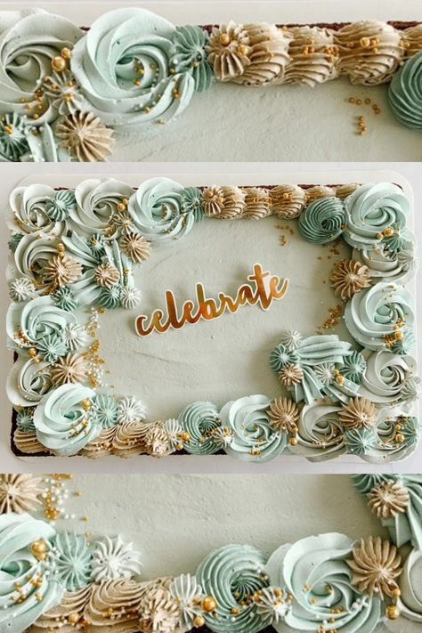 teal and gold theme, teal and gold colors, cake decorating, sheet cake inspiration, birthday cake, anniversary cake, wedding cake, buttercream piping, buttercream piping designs Teal Cake, Grandma Cake, Buttercream Piping, Sheet Cake Designs, 70th Birthday Cake, Birthday Sheet Cakes, Cake With Buttercream, Rosette Cake, Cake Buttercream