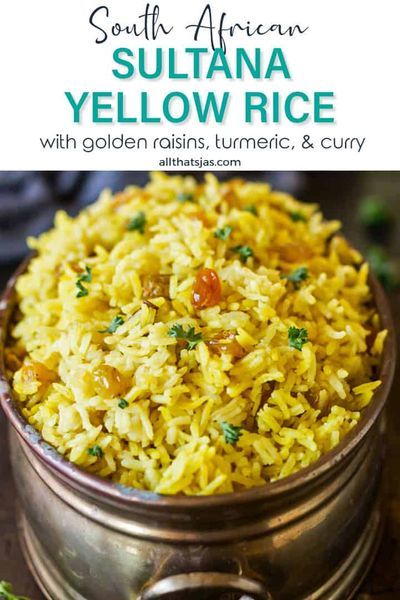 Need a side dish that complements just about any meal? This South Africa's rice gets its vibrant yellow color from turmeric and curry, and its sweet note from sultanas. | allthatsjas.com | #rice #vegetarian #sultanas #goldenraisins #turmeric #curry #SouthAfrican #allthatsjas #recipes #side #easy #yellowrice #internationalfood #classic #onepan #diy Rice Meals Easy, Quick Rice Dinner, Turmeric Curry, One Pot Rice Meals, Rice Meals, Indian Rice Recipes, Easy Rice, Easy Rice Recipes, Yellow Rice