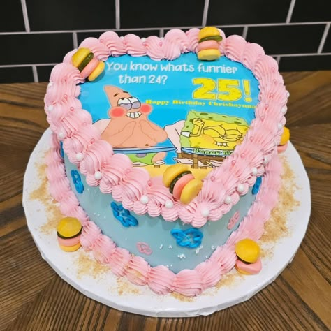 Spongebob themed Cookies & Cream heart cake.. Happy Easter! #odenisecupcakesandsweets #millbrookalabamabaker #mgm #smallbusiness ##cakedecorating #cakedesign #spongebobcake Pink Spongebob Cake, Crabby Patty Cake, Spongebob Cookie Cake, 25 Spongebob Birthday Cake, Spongebob Cake 25, Spongebob 25 Birthday Cake, 25th Cake, 25 Birthday Cake, Spongebob Birthday Party Decorations