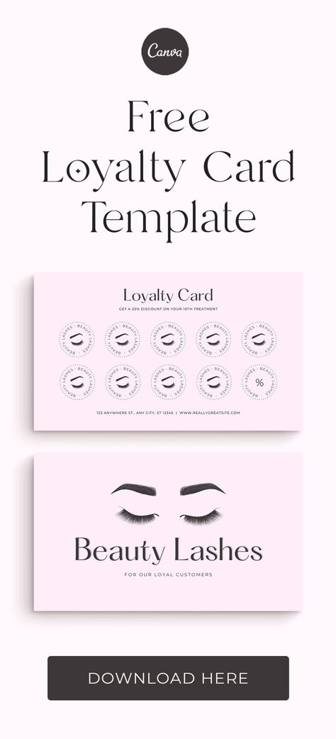 Looking for a loyalty card design for your business - why not use this free canva template? You can customise it as you want. Free Canva Template - Business Card - Loyalty Card - Lashes - Brows - Beauty - Business - Marketing - Discounts Loyalty Cards Lashes, Beauty Loyalty Card, Lash Loyalty Card Design, Loyalty Cards Ideas Business, Brow Salon Ideas, Lash Loyalty Card, Lash Refill, Brow Salon, Brow Business