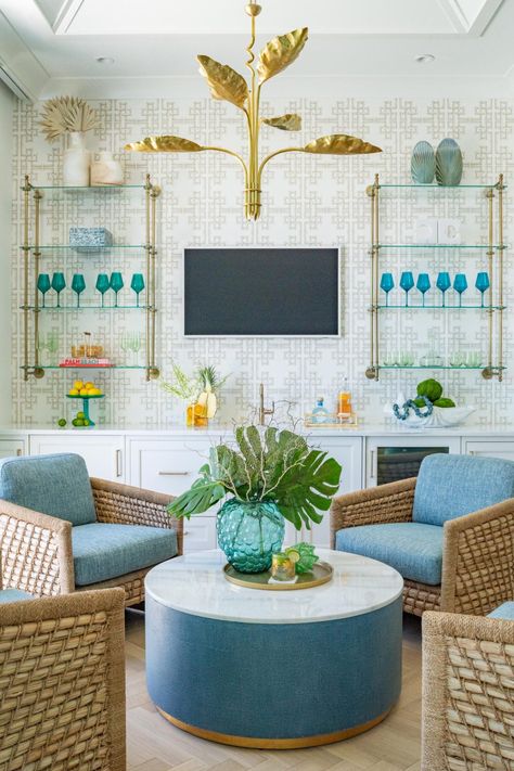 Patterned Curtains, Brass Shelves, Blue Wine Glasses, Home Bar Design, Printed Wallpaper, Palm Beach Style, Beach Interior, Rattan Chairs, Pool Rooms