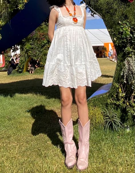 White Floral Babydoll Dress, Cottagecore Babydoll Dress, Babydoll Dress Outfit Spring, Linen And Cowboy Boots, Babydoll Dress Cowboy Boots, Babydoll Dress And Cowboy Boots, White Sundress And Cowboy Boots, Babydoll Dress And Boots, Pink Cowboy Boots Aesthetic