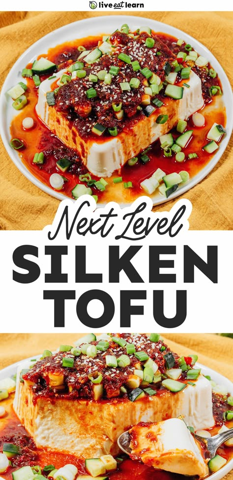 With tangy ginger and toasted sesame oil, this silken tofu recipe with spicy soy sauce is an easy show-stopping vegetarian meal! The sauce comes together quickly and the tofu doesn't require cooking so it's ready to eat in less than 5 minutes. Tofu Dinners, Easy 15 Minute Meals, Korean Hot Pot, Spicy Soy Sauce, Healthy Vegan Protein, Firm Tofu Recipes, Silken Tofu Recipes, Bariatric Sleeve Recipes, Crunchy Food