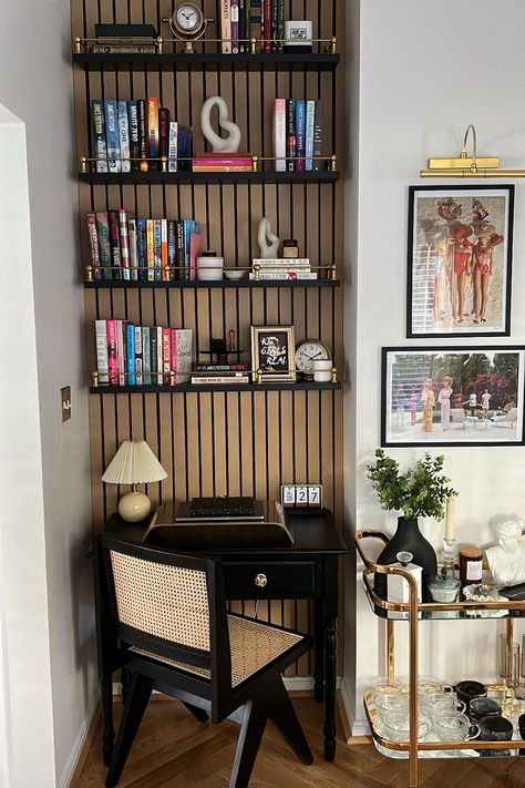 Black Floating Bookshelves, Slat Wall With Shelves, Study Remodel, Desk Nook, Black Floating Shelves, Floating Bookshelves, Office Shelving, Office Shelf, Black Shelves