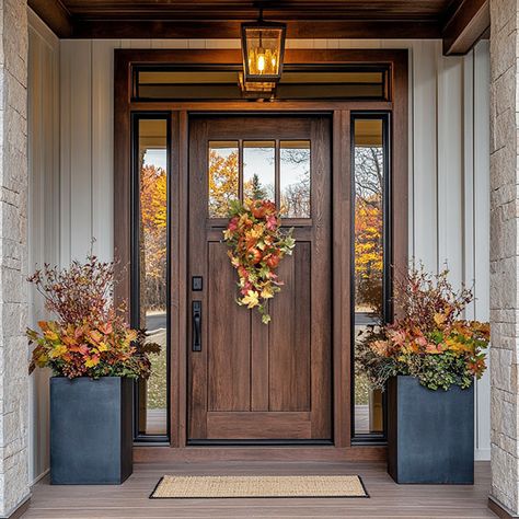 As the crisp autumn air begins to roll in, there’s nothing like the warm embrace of fall decor to welcome the season into your home. Imagine stepping onto your porch, a cup of hot cider in hand, and being greeted by the vibrant colors of fall, perfectly captured by this Faux Foliage Fall Swag. It’s the perfect way to say hello to fall and all the coziness it brings. Lifelike Design: Crafted with attention to detail, this swag features an array of faux autumn leaves in rich reds, oranges, and yel Fall Floral Arrangements Front Porch, Fall Porch Flower Arrangements, Front Of House Fall Decor, Unique Fall Front Porch Decor, Outside Porch Fall Decor, Entryway Planters Front Entry, Fall Hanging Baskets Front Porches, Fall Planter Ideas Front Porches, Fall Porch Decorating Ideas Front Doors