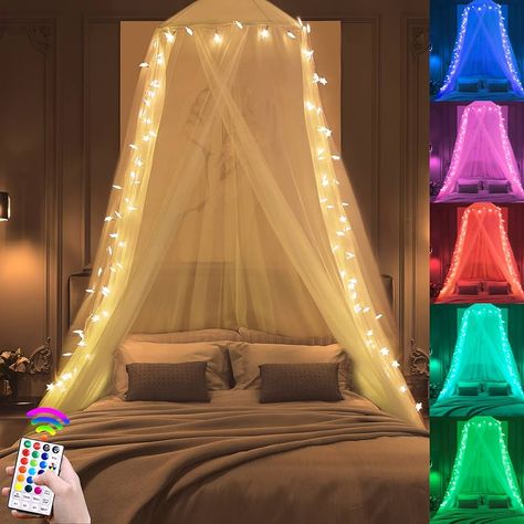 Amazon.com: Bed Canopy with Star Lights for Girls Bedroom, 100 LED Color Changing Pink Purple Princess Canopy Bed Curtains, White Dome Bed Netting for Women Gifts Bridal shower Twin to King Size Bed Decoration : Home & Kitchen White Bed Canopy, Baddie Room Ideas, Bed Canopy With Lights, Bed Netting, Princess Curtains, Baddie Room, Princess Canopy Bed, Princess Canopy, Bed Net