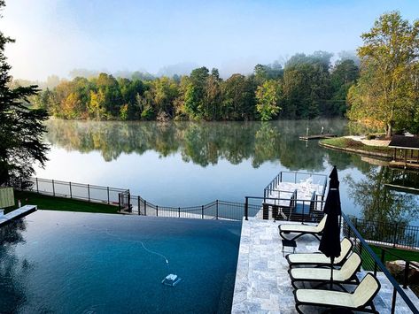 Infinity Pool Lake View, Pool With Infinity Edge, Lake House Backyard, Stone Porches, Dream House Aesthetic, Edge Pool, Porch Fireplace, Lake Dock, European Cottage