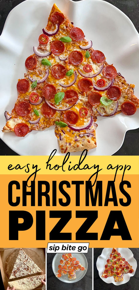 Christmas Tree Pizza Recipe for Holiday Appetizers with text overlay and Sip Bite Go logo Ree Drummond Christmas Tree Pizza, Easy Xmas Food Party Ideas, Christmas Tree Pizza Pioneer Woman, Christmas Pizza Tree, Pizza Tree Christmas, Christmas Pizza Night, Christmas Pizza Party, Grinch Pizza, Christmas Party Food Kids