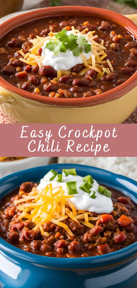 Easy Crockpot Chili Recipe | Cheff Recipes Chili Recipe Crockpot No Meat, Crock Pot Chili Recipes Easy, Chili Beans In Crockpot, Crockpot Easy Chili, Best Homemade Chili Recipe Crock Pot, Healthy Crockpot Chili Recipe, Crock Pot Recipes Chili, Best Easy Crockpot Chili, Crockpot Chili Recipe With Cocoa Powder