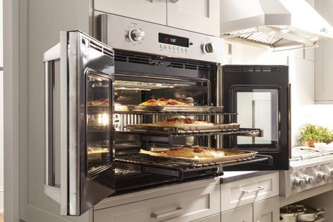 GE Monogram® French door wall oven (model ZET1FHSS) French Door Wall, French Door Wall Oven, French Door Oven, Wall Oven Kitchen, Commercial Kitchen Design, Wall Ovens, Desain Pantry, Kitchen Luxury, Single Wall Oven