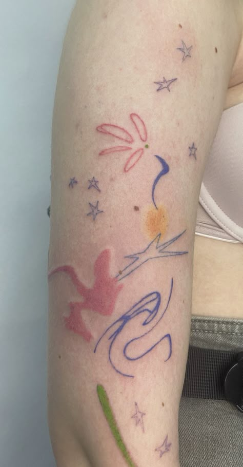 Pastel Tattoo, Colored Tattoo, Funky Tattoos, Cute Tats, Handpoke Tattoo, Cute Little Tattoos, Tattoo Style Drawings, Poke Tattoo, Dream Tattoos