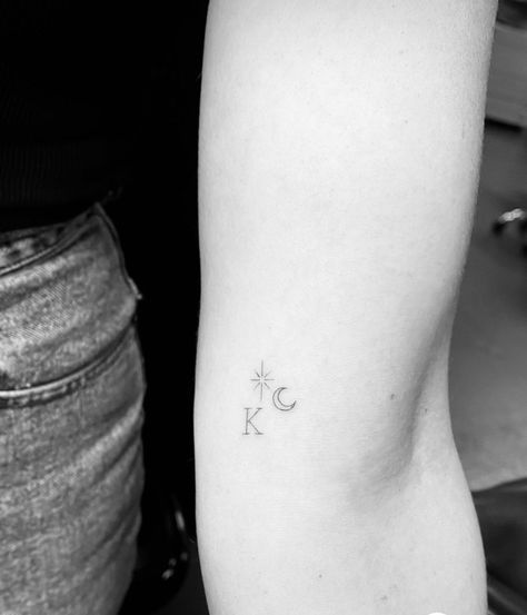 Pretty Initial Tattoos, Initial Tattoo With Star, Star With Initials Tattoo, Initial And Star Tattoo, Tiny Tattoos Moon And Stars, Star Initial Tattoo, Star Tattoo With Initials, Moon With Initials Tattoo, Jack Tattoo Name