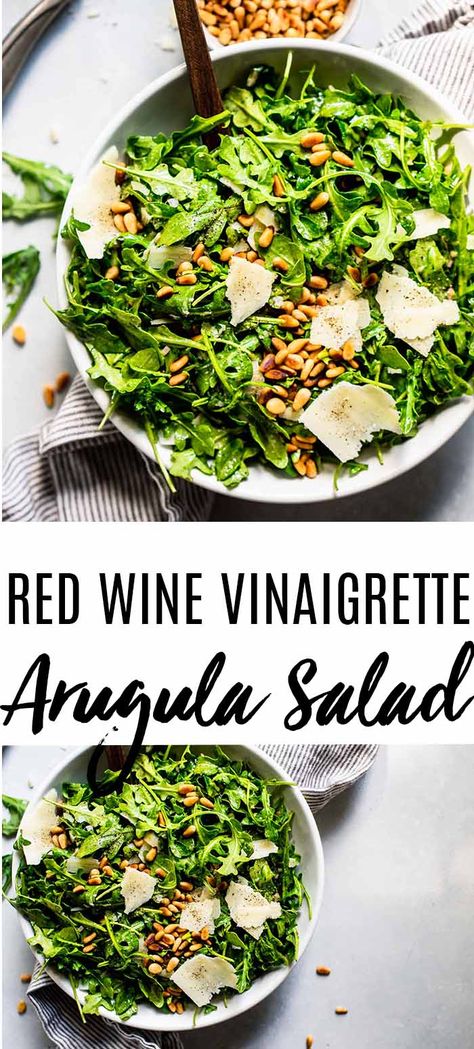 This Arugula Salad recipe with red wine vinaigrette is my go-to green salad. The arugula has a peppery bite to it which pairs wonderfully with the acidity of the vinaigrette. It's the perfect salad for pairing with rich dishes or bowls of pasta. // simple arugula salad // healthy Recipe With Red Wine, Arugula Salad Dressing, Pasta Simple, Red Wine Recipe, The Perfect Salad, Arugula Salad Recipes, Perfect Salad, Red Wine Vinaigrette, Green Salad Recipes