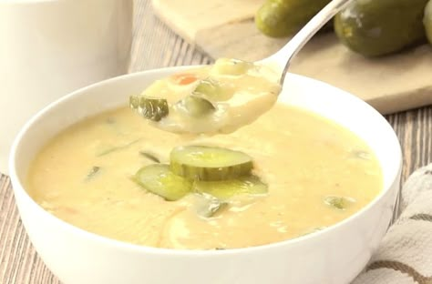 Dill Pickle Soup Recipe, Pickle Soup Recipe, Dill Pickle Soup, Pickle Party, Dill Pickle Pasta Salad, Pickle Soup, Dill Pickle Recipe, Pickle Recipes, Soups And Chowders