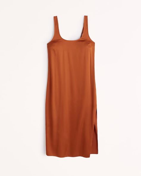 Women's Satin Slip Midi Dress | Women's Dresses & Jumpsuits | Abercrombie.com Burgundy Satin Dress, Blue Wedding Guest Dresses, Cream Knitted Dress, Burgundy Mini Dress, Brown Midi Dress, Slip Midi Dress, Orange Copper, Abercrombie And Fitch Dresses, Midi Slip Dress