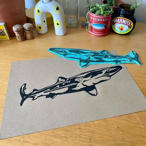 Shark Linocut, Printmaking Ideas, Lino Art, Shark Art, Shark Print, Blue Shark, Shark Week, Monoprint, Lino Print