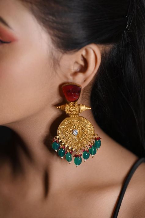 Buy #gold finish handcrafted #earrings in tear drop motifs, engraved details & green & red #stone drops by #TheBlingGirll at #AzaFashions Shop online now at #Azafashions.com Call +91 8291990059 or email contactus@azafashions.com for enquiries. #wedding #festive #ethnic #tradional #shopping #shoponline #party #reception #bride Reception Bride, Party Reception, Dangler Earrings, Handcrafted Earrings, Buy Gold, Red Stone, Green Stone, Tear Drop, Aza Fashion