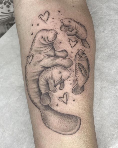 Manatee Tattoo, Manatee Art, Mother Tattoo, Family First Tattoo, Seal Tattoo, Cousin Tattoos, Scar Cover Up, Color Hair Styles, Thigh Piece