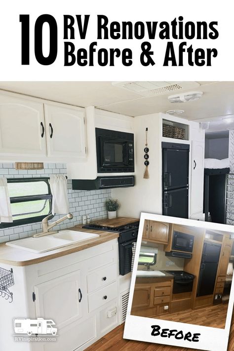 Before and after photos of 10 RV makeovers featuring painted walls and cabinets and new decor. Get ideas for your RV renovation! | rvinspiration.com #RVmakeover #RVrenovation #RVideas #RVmakeoverbeforeandafter #RVrenovationbeforeandafter Motorhome Remodel, Rv Inspiration, Glamper Camper, Rv Interior Remodel, Camper Trailer Remodel, Camping Diy, Rv Renovation, Vintage Camper Remodel, Trailer Decor