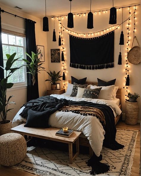 20 Black Boho Bedroom Ideas You Just Have To See – ToolzView Cozy Bedroom Ideas Black Furniture, Earthy Bedroom Black Furniture, Black Boho Home Decor, Boho Bedroom With Metal Bed Frame, Black Bedroom White Furniture, Dark Romance Bedroom Aesthetic, Black And Bamboo Bedroom, Boho Bedroom Dark Furniture, Black And Earthy Bedroom