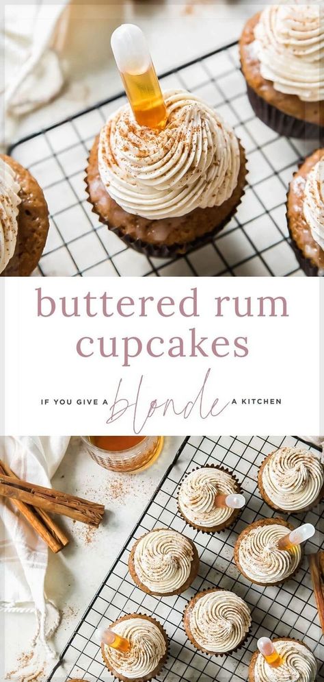 Alcohol Cake Flavors, Butter Rum Cupcakes, Winter Flavored Cupcakes, Spiced Rum Cupcakes, Cupcakes With Booze, Rum Infused Cupcakes, Spiced Rum Desserts, Boozy Fall Cupcakes, Browned Butter Cupcakes