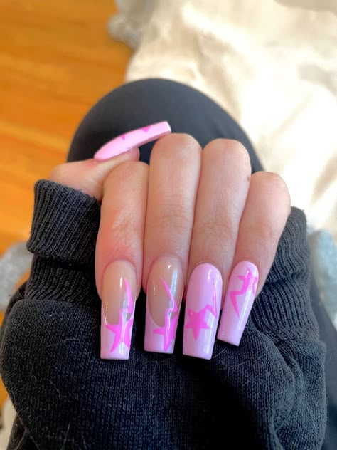 Extra Pink Nails, Pink Nails Korean, Cute Nails For Birthday Pink, Kawaii Pink Nails, Y2k Pink Nails, Korean Glass Nails, Gemini Birthday Nails, Pink Star Nails, Press On Nail Designs