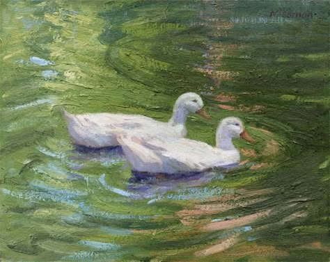 Two White Ducks by Margaret Ann Missman, 11"x14" oil on canvas Duck In Water, Duck Drawing, Pond Painting, Wallpaper Laptop, Cute Paintings, Water Element, At Peace, Clay Art Projects, The Pond