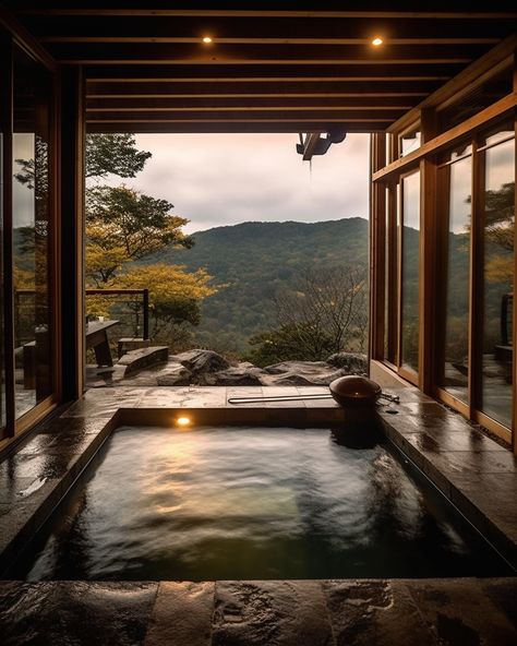 A private onsen bath right outside your Ryokan room. It is a photorealistic artwork generated with Midjourney AI. Japanese Onsen Design, Japanese Onsen Aesthetic, Ryokan Aesthetic, Private Bathhouse, Onsen Aesthetic, Mountain Hot Tub, Outside Jacuzzi, Spa Outside, Ryokan Onsen