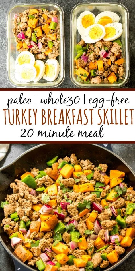 This Whole30 turkey breakfast skillet is a quick and easy, family friendly egg free breakfast. It's perfect for meal prep,  and you can always add an egg to it! It's filling and hearty, and full of flavorful veggies and spices. One pan meals are the way to go for fast meal prepping, and this Whole30 breakfast skillet is the ticket to an easy morning! #whole30breakfast #whole30breakfastskillet #paleobreakfast #whole30turkeyrecipes Egg Free Breakfast, Whole30 Breakfast, Menu Sarapan Sehat, Turkey Breakfast, Breakfast Skillet, Whole 30 Breakfast, Easy Morning, Pan Meals, Paleo Breakfast