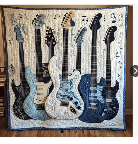 Music Quilts, Guitar Quilt, Comfy Art, Denim Quilts, Cool Quilts, Coin Purse Tutorial, Quilt Pillow Case, Collage Quilts, Denim Crafts Diy