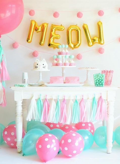 Pastel Colored Kitten Birthday Party Theme Decor - Children's Birthday Party Inspiration Pusheen Birthday, Kitten Birthday Party, Cat Themed Parties, Cat Themed Birthday Party, Kitten Party, Kitten Birthday, Cat Birthday Party, Childrens Birthday Party, Cat Party