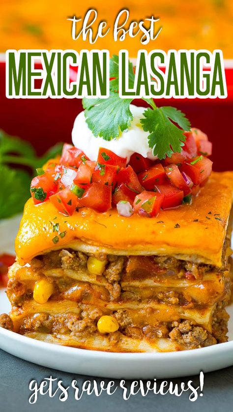 This Mexican lasagna is layers of flour tortillas, cheese, beans and ground beef, all baked together until golden brown. Mexican Lasagna With Corn Tortillas, Mexican Lasagna With Tortillas, Cheese Beans, Mexican Lasagna Recipe, Mexican Lasagna Recipes, Panini Recipes Chicken, Taco Lasagna, Mexican Lasagna, Frijoles Refritos